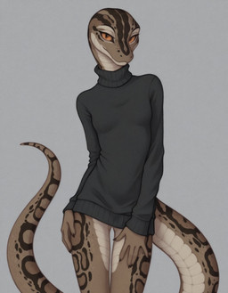 5_fingers anthro black_eyes breasts brown_body claws clothed clothing female fingers front_view grey_background long_tail looking_at_viewer multicolored_body orange_sclera scales simple_background slim small_breasts solo spots spotted_body standing sweater topwear turtleneck foxgirlai reptile scalie snake hi_res