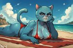 anthro areola areola_slip arm_support beach beach_towel big_areola big_breasts big_butt bikini black_eyes blue_body blue_fur blue_sky bodily_fluids breasts butt clothed clothed_female clothing cloud day elderly_female female fur grumpy half-closed_eyes huge_areola leaning_on_elbow looking_at_viewer lying mature_female narrowed_eyes on_front outside pink_areola pink_nose red_bikini red_clothing red_swimwear sand sea seaside skimpy skimpy_bikini sky solo sweat sweaty_body swimwear thick_thighs towel water whiskers anonymous_director mary_senicourt domestic_cat felid feline felis mammal hi_res