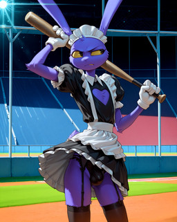annoyed anthro baseball_bat bat_(object) bulge clothed clothing crossdressing garter_belt garter_straps gloves handwear legwear maid_headdress maid_uniform male panties solo stadium stockings underwear uniform yellow_sclera styx343 jax_(the_amazing_digital_circus) lagomorph leporid mammal rabbit hi_res