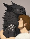 anthro beak beard black_body black_fur clothing duo embrace eyes_closed facial_hair female fluffy fur hair hug human_on_anthro interspecies male male/female neck_tuft shirt side_view simple_background smile spots spotted_body spotted_fur t-shirt topwear tuft oldhroft shadow_(oldhroft) avian human mammal velari hi_res