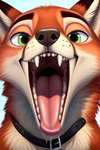 anthro bodily_fluids collar disney dripping fur green_eyes looking_at_viewer male mouth_shot narrowed_eyes open_mouth presenting saliva saliva_drip saliva_on_tongue simple_background smile smiling_at_viewer solo teeth tongue tongue_out zootopia angry_puppy nick_wilde canid canine canis fox mammal