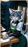 anthro clawed_hands clothing female fur furniture green_clothing green_eyes grey_body grey_fur inside letter overalls pink_nose solo table whiskers white_dress_shirt technical_monkey lucy_snowflake_(talkie) domestic_cat felid feline felis mammal tabby_cat