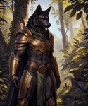 anthro armor black_body black_cape black_fur bottomwear cape claws clothing fur gold_(metal) gold_armor jungle loincloth looking_at_viewer male muscular muscular_anthro muscular_male outside plant smile solo tree warrior yellow_eyes thunderwolf row canid canine canis mammal wolf absurd_res hi_res