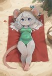 2024 anthro beach beach_towel breasts camel_toe clothing covered_navel female fur hair laying looking_at_viewer lying mouse_ears mouse_girl mouse_paws mouse_tail on_back plant sand seaside solo swimwear towel white_hair direfelis_(director) mammal mouse murid murine rodent hi_res watermark