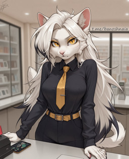 anthro black_bottomwear black_clothing black_pants black_shirt black_topwear bottomwear cellphone clothing female hair inside long_hair necktie pants phone pupils shirt slit_pupils smartphone solo standing store topwear white_body white_hair yellow_eyes djar17 domestic_cat felid feline felis mammal absurd_res hi_res
