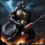 anthro balls bodily_fluids city cum cumshot ejaculation erection fire genital_fluids genitals godzilla_(series) humanoid_genitalia humanoid_penis lightning macro male masturbation night nipples open_mouth orgasm penis roaring sharp_teeth solo standing teeth tongue yetanotheraiuser godzilla monster scalie