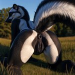 absurd_res anthro anus black_anus black_body black_fur black_pussy female fur genitals grass hi_res hyper_realistic_ai kiran mammal mephitid plant pussy raised_tail rear_view skunk solo striped_body striped_fur stripes tree white_body white_fur