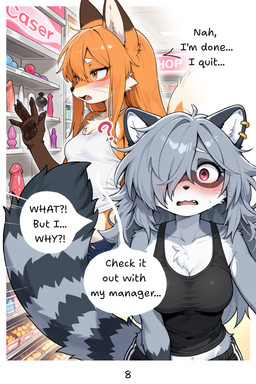anthro black_body black_fur blush breasts brown_body brown_fur clothing dildo duo ear_piercing female fluffy fluffy_tail fur grey_body grey_fur grey_hair hair inner_ear_fluff messy_hair orange_body orange_eyes orange_fur orange_hair piercing purple_eyes sex_toy teeth teeth_showing tuft whiskers white_body white_fur lead_acid alice_(lead_acid) maple_(lead_acid) canid canine fox mammal procyonid raccoon comic hi_res