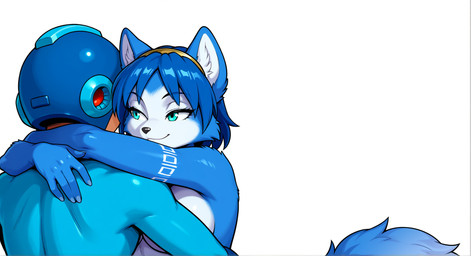 anthro blue_body blue_ears blue_fur blue_hair blush blush_lines breasts cheek_tuft claws duo embrace faceless_character facial_tuft fangs female female_anthro female_on_humanoid fluffy fur furniture green_eyes hair hug humanoid_on_anthro implied_sex inner_ear_fluff interspecies intimate male male/female male_human male_on_anthro markings multicolored_body multicolored_ears multicolored_fur narrowed_eyes nude nude_anthro nude_female simple_background slight_blush smile tattoo teeth toony tribal tribal_markings tribal_tattoo tuft upper_body white_background white_body white_fur white_inner_ear white_inner_ear_fluff white_markings white_tattoo anonymous_director mega_man_(series) nintendo star_fox krystal_(star_fox) mega_man_(character) canid canine fox human humanoid mammal 2026 digital_media_(artwork) hi_res