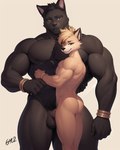 anthro athletic balls big_dom_small_sub bracelet canid canine dominant duo embrace felid feline fox genitals genny hug jewelry male male/male mammal muscular nude one_eye_closed size_difference stern_look