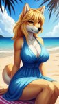 anthro beach big_breasts blonde_hair breasts canid canine canis cleavage clothed clothing domestic_dog dress eminence female hair mammal seaside shelly shiba_inu sitting solo spitz