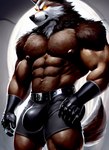 abs anthro big_bulge brown_body brown_fur bulge canid canine canis clothed clothing fur gloves handwear huge_bulge male mammal muscular muscular_anthro muscular_male nipples pecs smile smirk solo tesseract_(director) underwear underwear_only wolf yellow_eyes