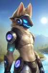 anthro chilon249 clothing day fur head_tuft machine male mountains nature navel neck_tuft protogen screen screen_face sky solo standing sun tuft underwear water white_body white_fur