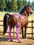 anatomically_correct anatomically_correct_genitalia anus bridle butt clothing feral garter_straps genitals legwear looking_at_viewer looking_back male presenting presenting_hindquarters raised_tail solo solo_focus translucent translucent_clothing translucent_legwear goldendog equid equine mammal hi_res