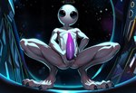 3_toes animal_genitalia big_eyes big_penis black_eyes claws crouching digitigrade erection feet genital_slit genitals grey_body looking_at_viewer male not_furry nude penis purple_penis slit solo tapering_penis text toe_claws toes vein veiny_penis sergalbutt alien humanoid hi_res signature url