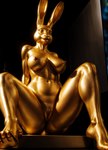 anthro breasts feet female genitals gold_body gold_skin gold_statue hi_res lagomorph leporid long_ears looking_at_viewer mammal nipples paws pussy rabbit sculpture sitting solo spread_legs spreading stablexai statue toes