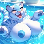 anthro big_breasts blackgum blue_body blue_fur blush breasts cheek_tuft claws facial_tuft fangs felid female fur inner_ear_fluff laughing mammal nipples pantherine partially_submerged pawpads pink_nose pool smile solo splash stripes tiger tuft white_body white_fur