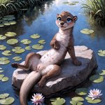 backwards_arm_support blue_eyes blush claws cute_fangs eyelashes female feral flower genitals lake lily_pad long_body long_eyelashes looking_at_viewer lying multi_nipple nature nature_background nipples on_back on_rock open_mouth open_smile otter_tail pawpads paws plant presenting pussy raised_paw shy smile solo spread_legs spreading tail_anus tongue water whiskers nightdancer lutrine mammal mustelid full-length_portrait hi_res portrait