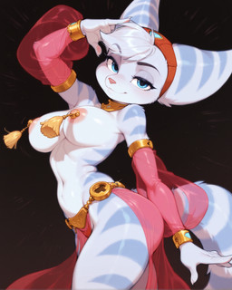 anthro areola armwear breasts clothing dancing female fur hair nipples simple_background smile smiling_at_viewer solo anonymous_director ratchet_and_clank rivet_(ratchet_and_clank) lombax mammal hi_res