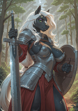 anthro armor black_body black_fur black_nipples breasts clothing female forest fur green_eyes hair holding_object holding_weapon leaf leather_straps medieval_armor medieval_fantasy melee_weapon metal_armor muscular_thighs nipples outside plant ponytail red_clothing shield solo sword tail tree weapon white_hair velen eva_(velen) equid equine horse mammal absurd_res director_name hi_res