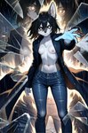 anthro aura black_eyes black_hair black_nose bottomwear breasts button_(fastener) chest_tuft city city_background clothing coat countershading denim denim_clothing female fur glass glass_surface glowing glowing_eyes hair inner_ear_fluff jeans magic_user multiple_angles navel nipples outstretched_arm pants raining reaching_towards_viewer serious small_breasts solo topwear trenchcoat tuft wet wet_body wet_fur wet_hair white_body white_fur fenix_ai canid canine canis mammal wolf hi_res