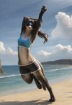 anthro beach bottomwear bra brown_hair cliff clothing digitigrade eyes_closed female gym_bottomwear gym_clothing gym_shorts hair hill long_hair ponytail sea seaside shorts smile solo sports_bra stretching underwear walking water wave director_crashbandit avian bird domestic_ferret mammal mustela mustelid musteline true_musteline hi_res novelai