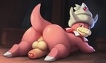 anthro anus balls butt foreskin genitals half-closed_eyes looking_at_viewer looking_back looking_back_at_viewer lying male narrowed_eyes on_front penis pink_body presenting presenting_hindquarters solo text vein veiny_penis sergalbutt nintendo pokemon generation_2_pokemon pokemon_(species) slowking signature url
