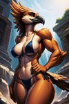 anthro athletic athletic_anthro athletic_female beak bikini breasts clothing feathers female navel panties solo swimwear tail_feathers underwear birdovo accipitrid accipitriform avian bird hi_res