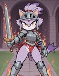 5_fingers anthro armor camel_toe clothing detailed_background female fingers fire fur genitals grass looking_at_viewer melee_weapon plant purple_body purple_fur pussy solo sword torn_clothing video_games weapon yellow_eyes anonymous_director sonic_the_hedgehog_(series) blaze_the_cat domestic_cat felid feline felis mammal hi_res