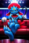 3_toes anthro barefoot biped blue_body claws crossed_legs fangs feet fingers foot_focus fur furniture harness looking_at_viewer male paws plantigrade red_eyes sitting smile soles solo teeth text toe_claws toes whip sergalbutt nintendo pokemon generation_4_pokemon pokemon_(species) weavile hi_res signature url
