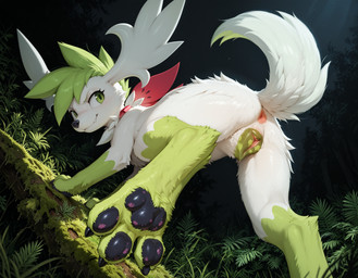4_toes animal_genitalia animal_pussy anus black_nose black_pawpads butt canine_genitalia canine_pussy claws detailed_background digitigrade eyebrows eyelashes feet female feral finger_claws foot_focus forest fur genitals grass green_body green_eyes green_fur green_hair hair hindpaw leaf leg_markings looking_at_viewer looking_back looking_back_at_viewer low-angle_view markings multicolored_body multicolored_fur night outside pawpads paws plant presenting presenting_anus presenting_hindquarters presenting_pussy pussy quadruped raised_tail rear_view smile socks_(marking) soles solo tail toe_claws toes tree tuft white_body white_fur worm's-eye_view fluffscaler nintendo pokemon generation_4_pokemon legendary_pokemon mammal pokemon_(species) shaymin sky_forme_shaymin hi_res