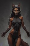 anthro blue_eyes bottomwear breasts clothing eyeshadow female fur hair loincloth looking_at_viewer makeup nipple_outline simple_background smile solo spread_arms tabard gren_art canid canine fox mammal hi_res watermark