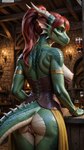 anthro anus armlet breasts butt clothing corset female female_anthro genitals hair horn jewelry lingerie looking_at_viewer looking_back nipples photorealism photorealistic ponytail pussy realistic red_hair scales solo stable_diffusion topwear yiffyjiffy2 dragon reptile scalie hi_res uncensored watermark