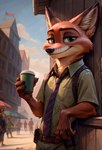 anthro arm_support belt city city_background coffee_cup container cup holding_cup holding_object leaning_on_wall looking_at_viewer male necktie outside smile solo zootopia speedykiwi nick_wilde canid canine fox mammal absurd_res hi_res