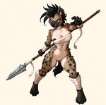 4_toes 5_fingers abs anthro areola arm_wraps athletic athletic_anthro athletic_female bandage biped black_body black_fur black_hair black_nipples black_nose bottomless breasts brown_body brown_fur claws clothed clothing countershading dark_areola digitigrade feet female fingers fur genitals gloves_(marking) hair holding_object holding_spear holding_weapon inner_ear_fluff leg_markings looking_at_viewer markings melee_weapon mohawk mostly_nude multicolored_body multicolored_fur muscular muscular_anthro muscular_female navel nipples polearm pussy simple_background smile socks_(marking) solo spear spots spotted_body spotted_fur standing tan_body teeth toe_claws toes tuft weapon white_background wraps anonymous_director gnoll hyaenid mammal spotted_hyena