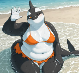 anthro bikini black_body blush blush_lines bottomwear clothing female gesture hand_on_leg hand_on_thigh long_tail looking_at_viewer multicolored_body navel one_eye_closed orange_eyes overweight overweight_female partially_submerged sea skirt smile solo swimwear tail water waving waving_at_viewer wet wet_body white_body wink puffy_peter cetacean delphinoid mammal marine oceanic_dolphin orca toothed_whale hi_res