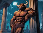 2_horns 5_fingers abs anthro arm_wraps biceps big_abs big_biceps big_deltoids big_forearm_muscles big_muscles big_pecs big_quads big_trapezius big_triceps biped black_pupils blue_eyes bottomwear bovid_horn bovine_horn broad_shoulders brown_body brown_bottomwear brown_clothing brown_ears brown_fur brown_hair brown_loincloth brown_nipples brown_nose building bull_horn closed_smile cloth clothed clothed_anthro clothed_male clothing cloud column curved_horn dall-e_3 deltoids detailed_background ears_aside fingers forearm_muscles front_view full_moon fur greek hair head_horn horn humanoid_hands leaning leaning_back leaning_sideways light loincloth loincloth_only looking_at_viewer male manly monotone_body monotone_hair monotone_skin moon mouth_closed muscular muscular_anthro muscular_arms muscular_male muscular_thighs night nipples obliques outside pecs perspective pose pupils quads serratus short_hair sky smile smiling_at_viewer snout solo standing star starry_sky temple thick_neck topless topless_anthro topless_male trapezius triceps white_horn wraps zenithwolf bovid bovine cattle mammal minotaur mythological_creature 9:7 detailed digital_drawing_(artwork) digital_media_(artwork) hatching_(art) hi_res lighting portrait shaded three-quarter_portrait