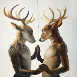 anthro antlers black_sclera blue_eyes brown_body brown_fur duo entwined_fingers fur horn looking_at_another male male/male multicolored_body multicolored_fur shoulder_tuft simple_background tuft white_body white_fur dingo_(director) cervid mammal hi_res