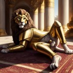 animal_genitalia anus armor balls chastity_cage chastity_device feral fur genitals gold_(metal) lying lying_on_side male mane mask multicolored_body multicolored_fur palace paws plate_armor pose royalty solo spread_legs spreading ocillet felid lion mammal pantherine hi_res