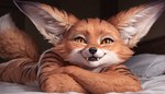 ambiguous_gender anthro black_stripes crossed_arms fangs fluffy_ears fluffy_fur fur lying on_front orange_body orange_fur pupils slit_pupils smile solo stripes tail medlem canid canine fox mammal vulpera hi_res