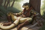 animal_genitalia anthro cloaca clothed clothing female genitals partially_clothed presenting presenting_cloaca solo weapon hyperion lizardman mammal reptile scalie