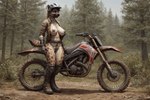 anthro armor belt boots bottomless breasts clothed clothing detailed_background dirt evergreen_tree exposed_breasts female footwear forest genitals gloves handwear headgear helmet jacket motorcycle mud nipples open_clothing open_topwear pine_tree plant pubes pussy solo topwear tree vehicle autumndragon hyaenid mammal