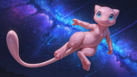 ambiguous_gender director_crimson_fenrir feral flying fur looking_at_viewer pawpads pink_body pink_fur solo space star tail nintendo pokemon legendary_pokemon mew pokemon_(species) hi_res