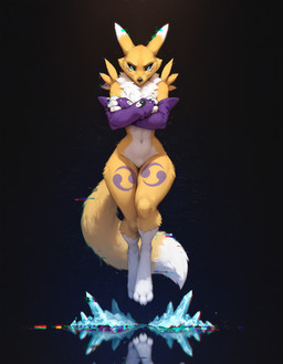 angry anthro arms_crossed blue_eyes female floating frown frowning_at_viewer glitch ice looking_at_viewer reflection renamon_gloves solo suspended_in_midair gshepanon digimon digimon_(species) renamon hi_res