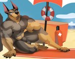 animal_genitalia anthro atmospheric_perspective balls beach beach_umbrella black_claws blue_sky broad_shoulders bushy_tail canine_ears canine_genitalia canine_nose claws digitigrade docked_tail ears_up exhibitionism fully_sheathed fur genitals lifeguard male mature_male muscular muscular_anthro muscular_arms muscular_legs nipples paw_pose pawpads paws pecs pose prick_ears relaxed rescue_equipment sand seaside sheath short_fur short_tail sitting sky smug solo summer tan_body tan_fur towel director_kovin-ai-fterdark canid canine canis dobermann domestic_dog mammal pinscher absurd_res hi_res warm_colors