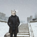 black_bottomwear black_clothing black_jacket black_nose black_pants black_sweater black_topwear blue_eyes bottomwear building cheek_tuft cigarette clothed clothing coat detailed_background facial_tuft fluffy fluffy_tail front_view fur glistening glistening_eyes grey_body grey_clothing grey_fur grey_topwear hand_in_pocket hands_in_both_pockets head_tuft inner_ear_fluff jacket male markings mouth_closed neck_tuft outside pants plant pockets sky smoke smoking snow snowing solo stairs standing sweater tail topwear tree tuft white_body white_fur unknown_director canid canine canis mammal wolf detailed hi_res portrait three-quarter_portrait