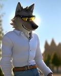 anthro belt black_nose blue_clothing bottomwear brown_body brown_fur canid canine canis cheek_tuft clothed clothing denim denim_clothing dogarrowtype dreamworks eyewear facial_tuft fur head_tuft inner_ear_fluff jeans male mammal mr._wolf_(the_bad_guys) outside pants shirt sky smile solo sunglasses the_bad_guys topwear tuft white_clothing wolf yellow_eyes