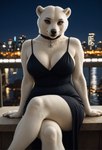 anthro bald blurred_background bokeh brown_eyes choker city city_background clothed clothing dress evening evening_gown eyeliner female fur high_slit_dress jewelry lock looking_at_viewer makeup necklace pendant sitting slit_dress street thick_thighs water white_body white_fur nnam_si3 mammal polar_bear ursid ursine hi_res portrait three-quarter_portrait