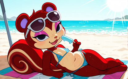 anthro beach beach_towel bikini blue_bikini blue_clothing blue_swimwear bodily_fluids brown_body camel_toe clothing dessert eyewear female food genital_outline ice_cream makeup micro_bikini mirakelpung nipple_outline pussy_outline sea seaside slightly_chubby solo sunbathing sunglasses sunny sweat swimwear towel water animal_crossing nintendo pecan_(animal_crossing) mammal rodent sciurid tree_squirrel