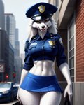 anthro bodily_fluids bottomwear canid city clothing female genital_fluids lurktime_(director) mammal police police_hat police_uniform pussy_juice skirt solo street uniform